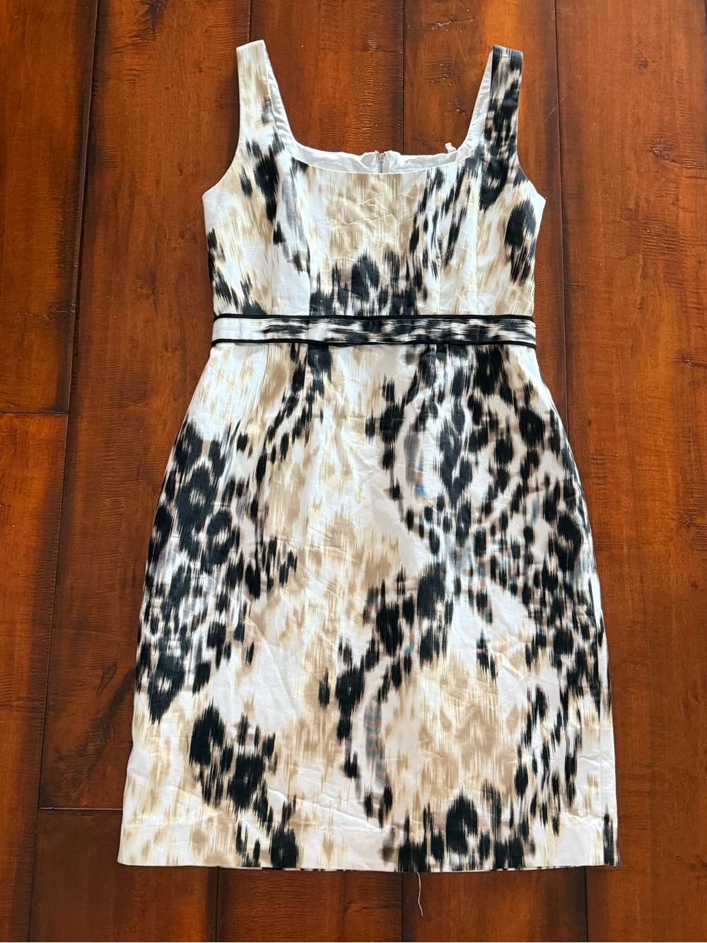 Tahari Black and White Printed Square-Neck Midi Dress